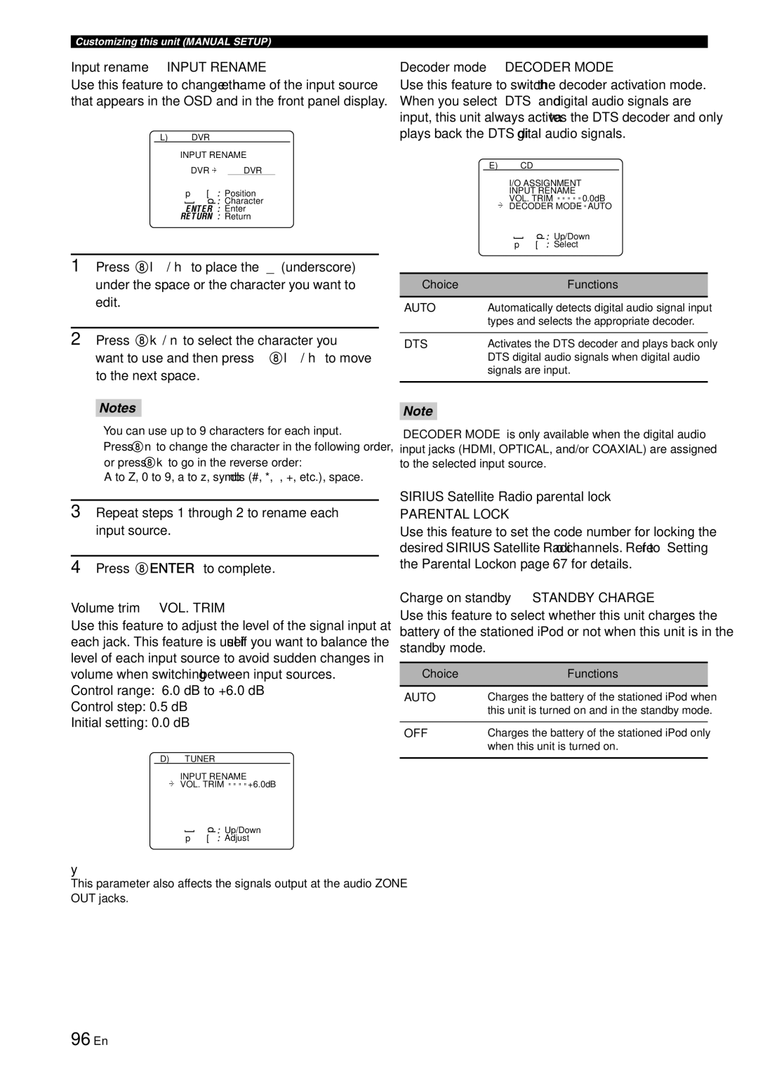 Yamaha RX-V863 96 En, Input rename Input Rename, Decoder mode Decoder Mode, Sirius Satellite Radio parental lock 