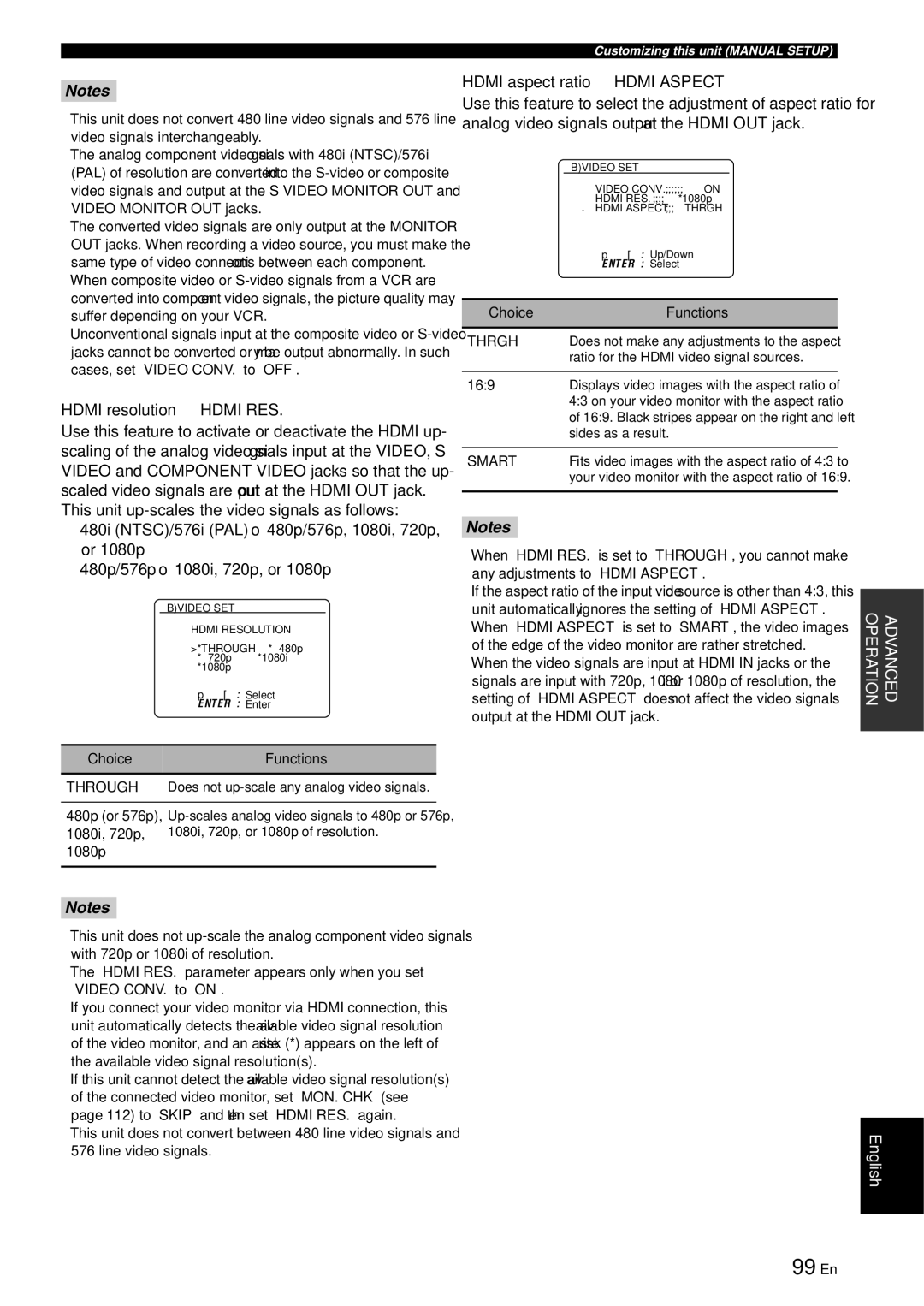 Yamaha RX-V863 owner manual 99 En, Hdmi resolution Hdmi RES, Hdmi aspect ratio Hdmi Aspect, Through, Thrgh 