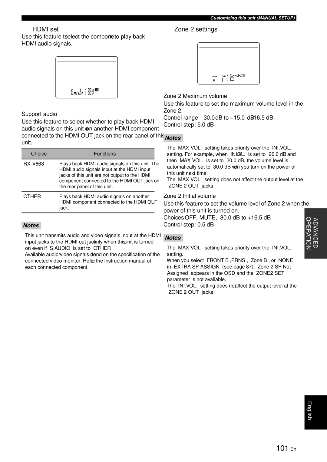 Yamaha RX-V863 owner manual 101 En, Zone 2 settings FZONE2 SET, Support audio S.AUDIO, Zone 2 Maximum volume MAX VOL 