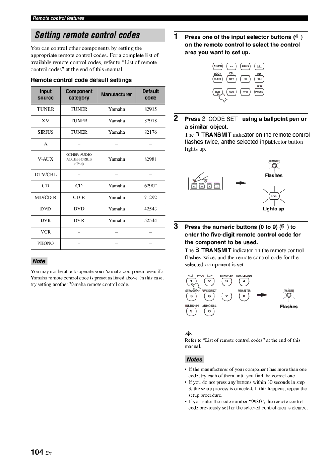 Yamaha RX-V863 owner manual Setting remote control codes, 104 En, Remote control code default settings 