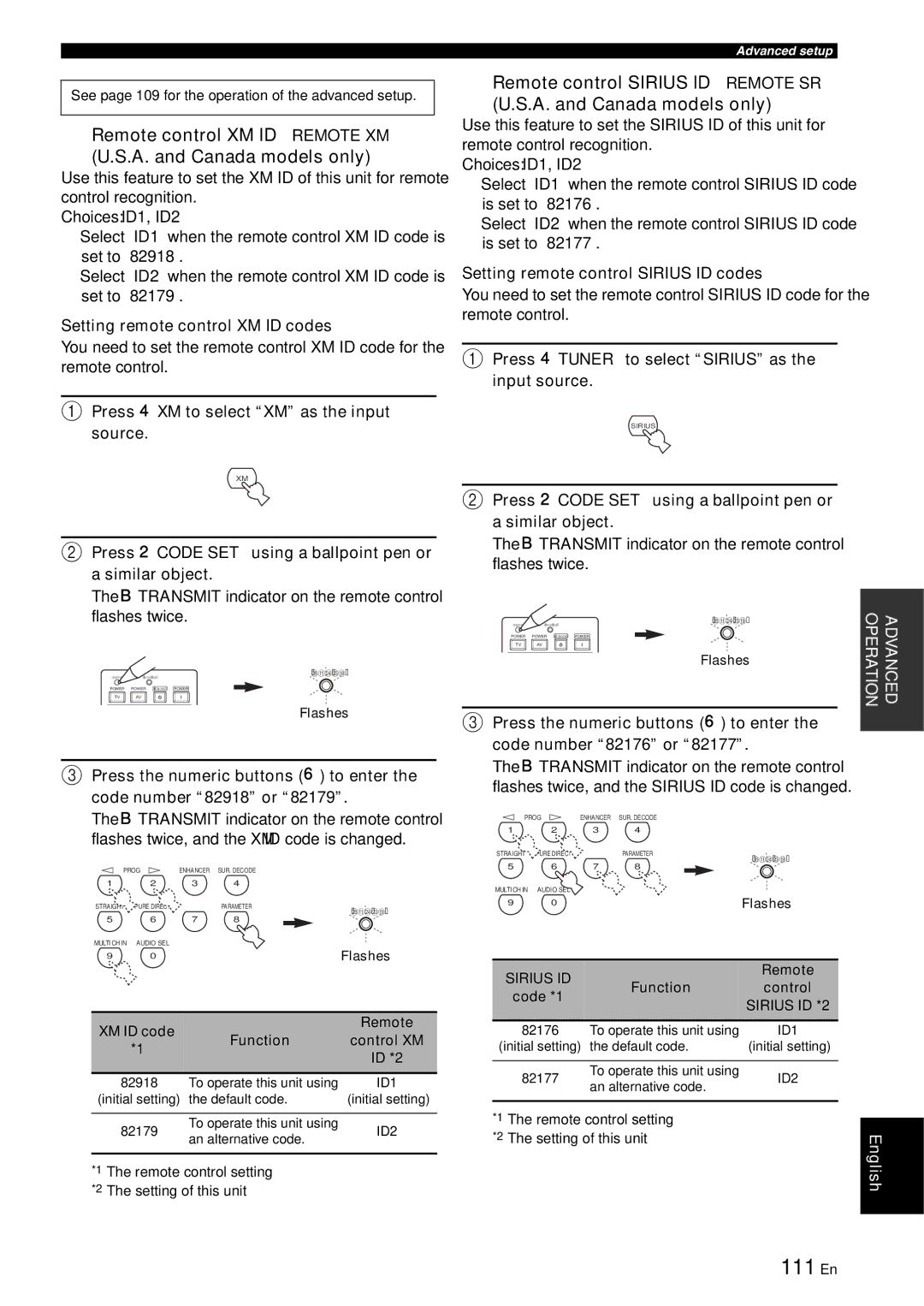 Yamaha RX-V863 111 En, Remote control XM ID Remote XM A. and Canada models only, Setting remote control XM ID codes 