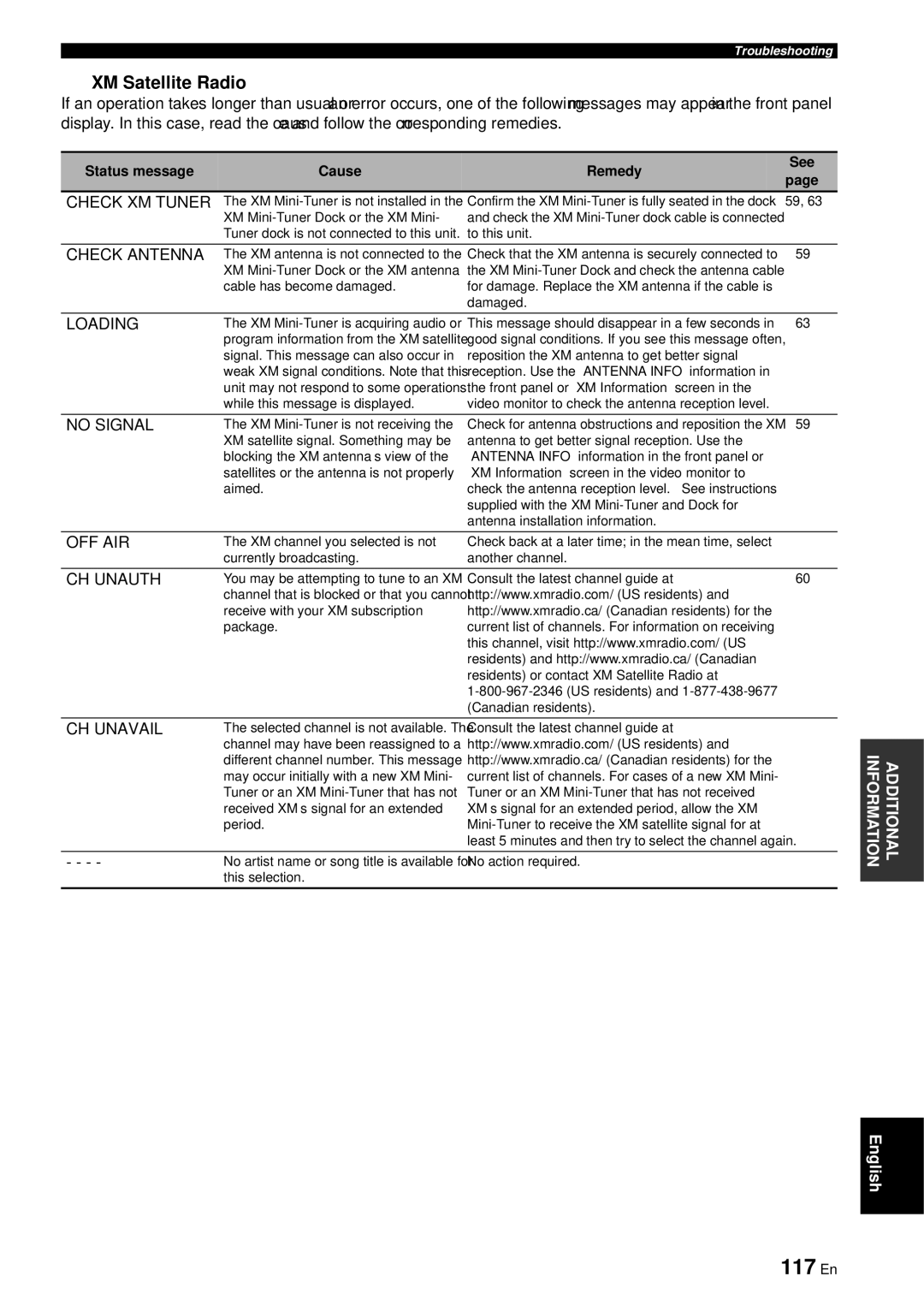 Yamaha RX-V863 owner manual 117 En, XM Satellite Radio 