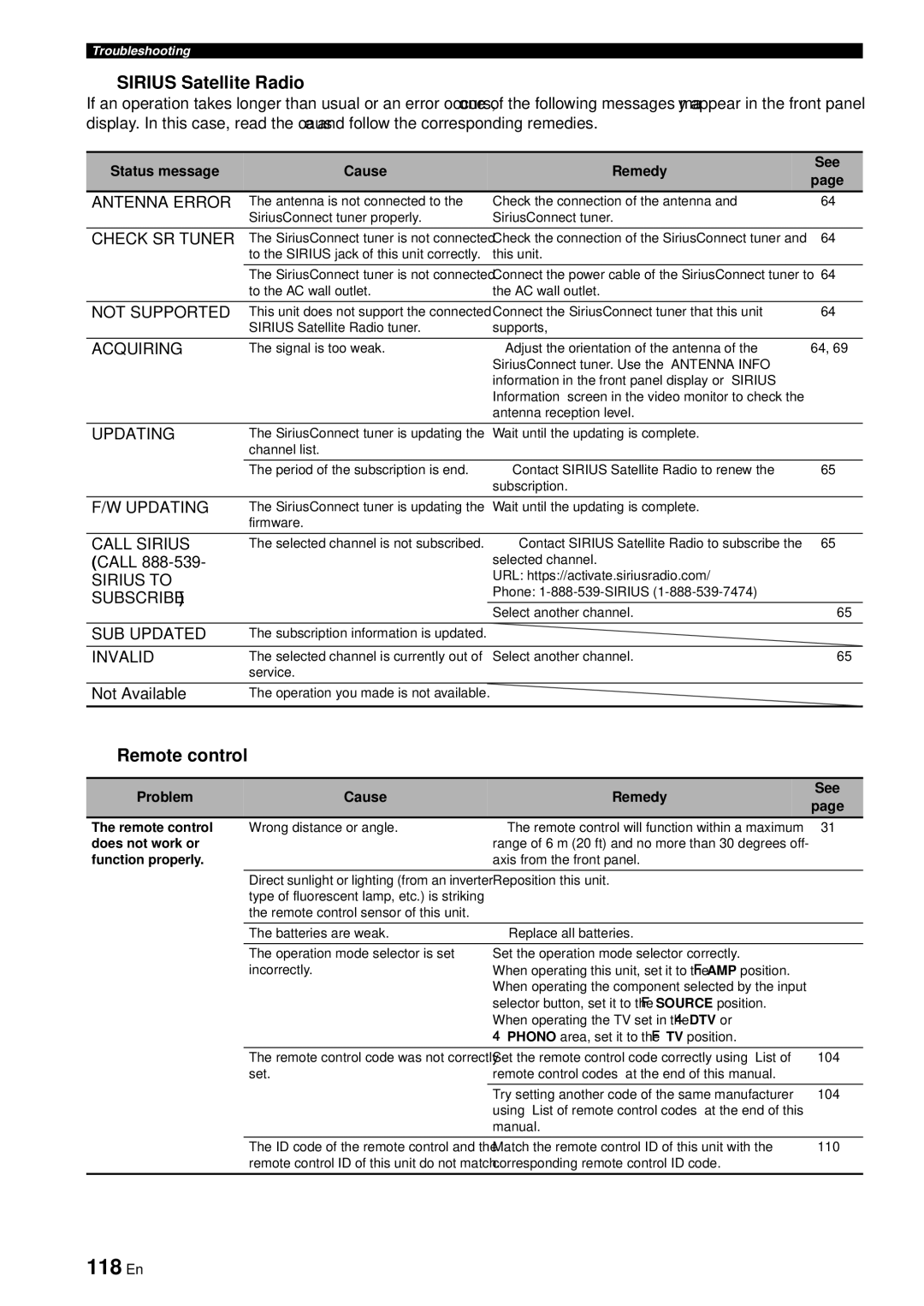 Yamaha RX-V863 owner manual 118 En, Sirius Satellite Radio 