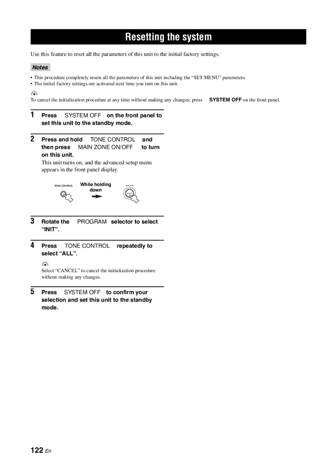 Yamaha RX-V863 owner manual Resetting the system, 122 En, Tone Control While holding down 