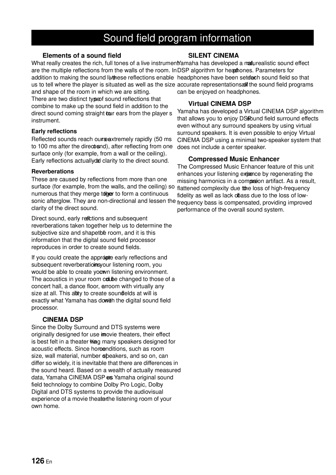 Yamaha RX-V863 Sound field program information, 126 En, Elements of a sound field, Early reflections, Reverberations 