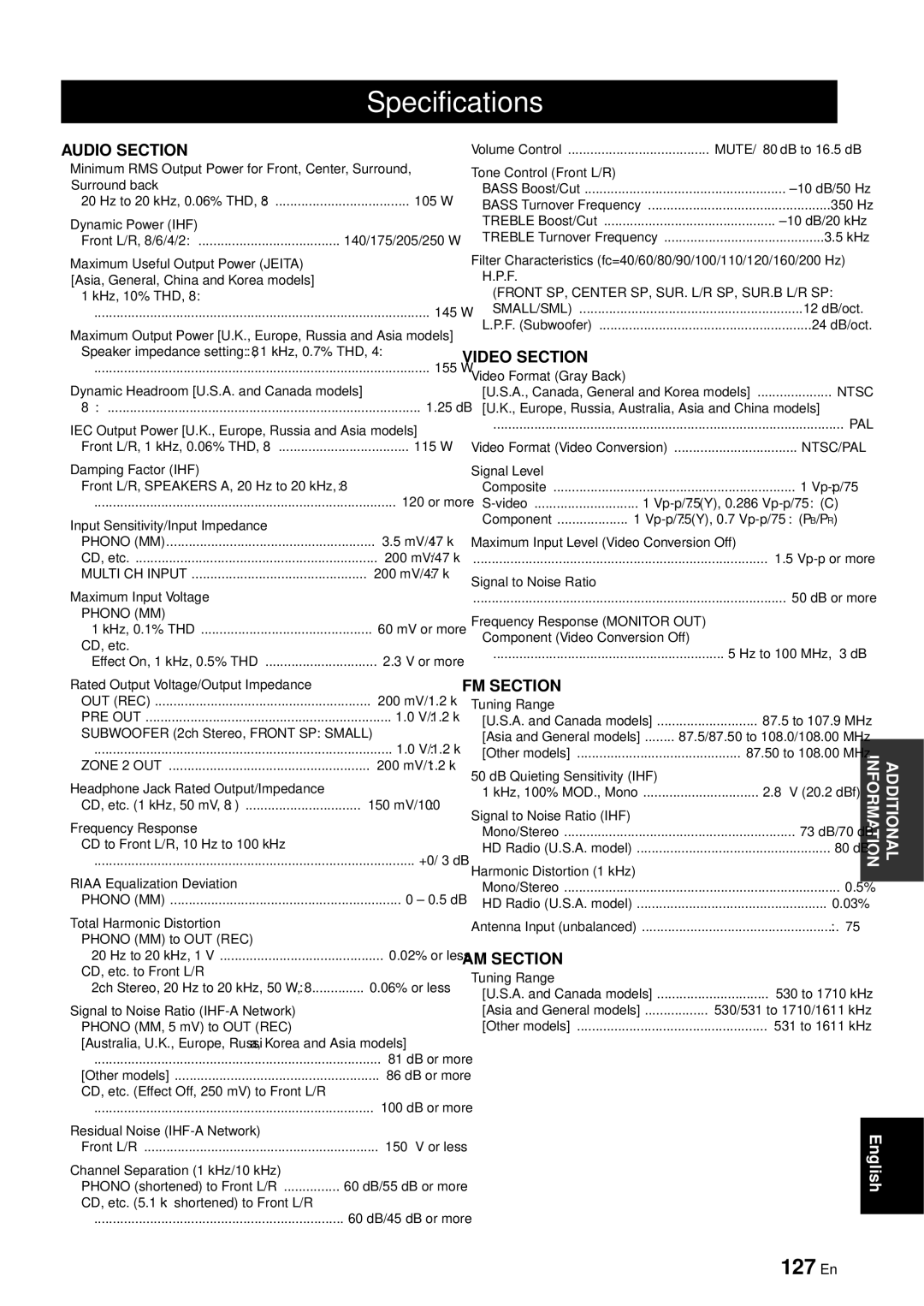 Yamaha RX-V863 owner manual Specifications, 127 En 