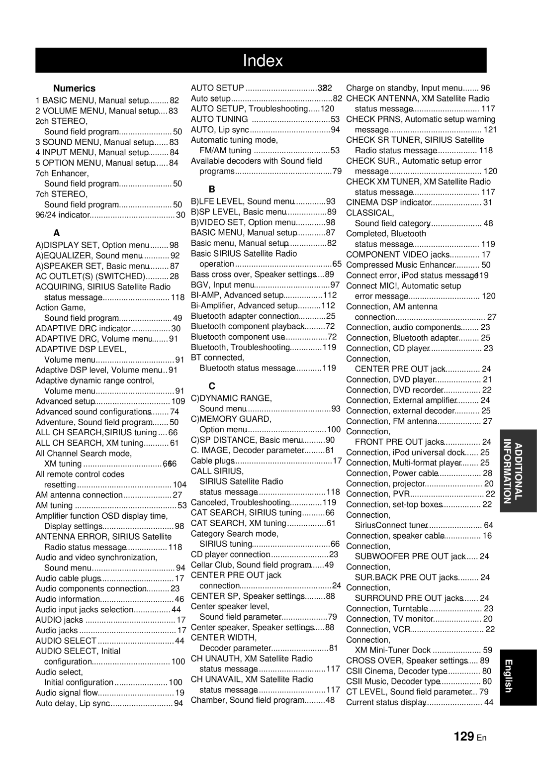 Yamaha RX-V863 owner manual Index, 129 En, Numerics 