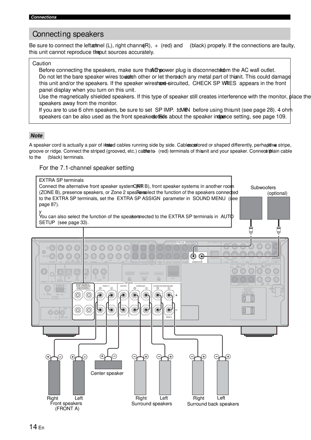 Yamaha RX-V863 owner manual Connecting speakers, 14 En, For the 7.1-channel speaker setting, Front a 