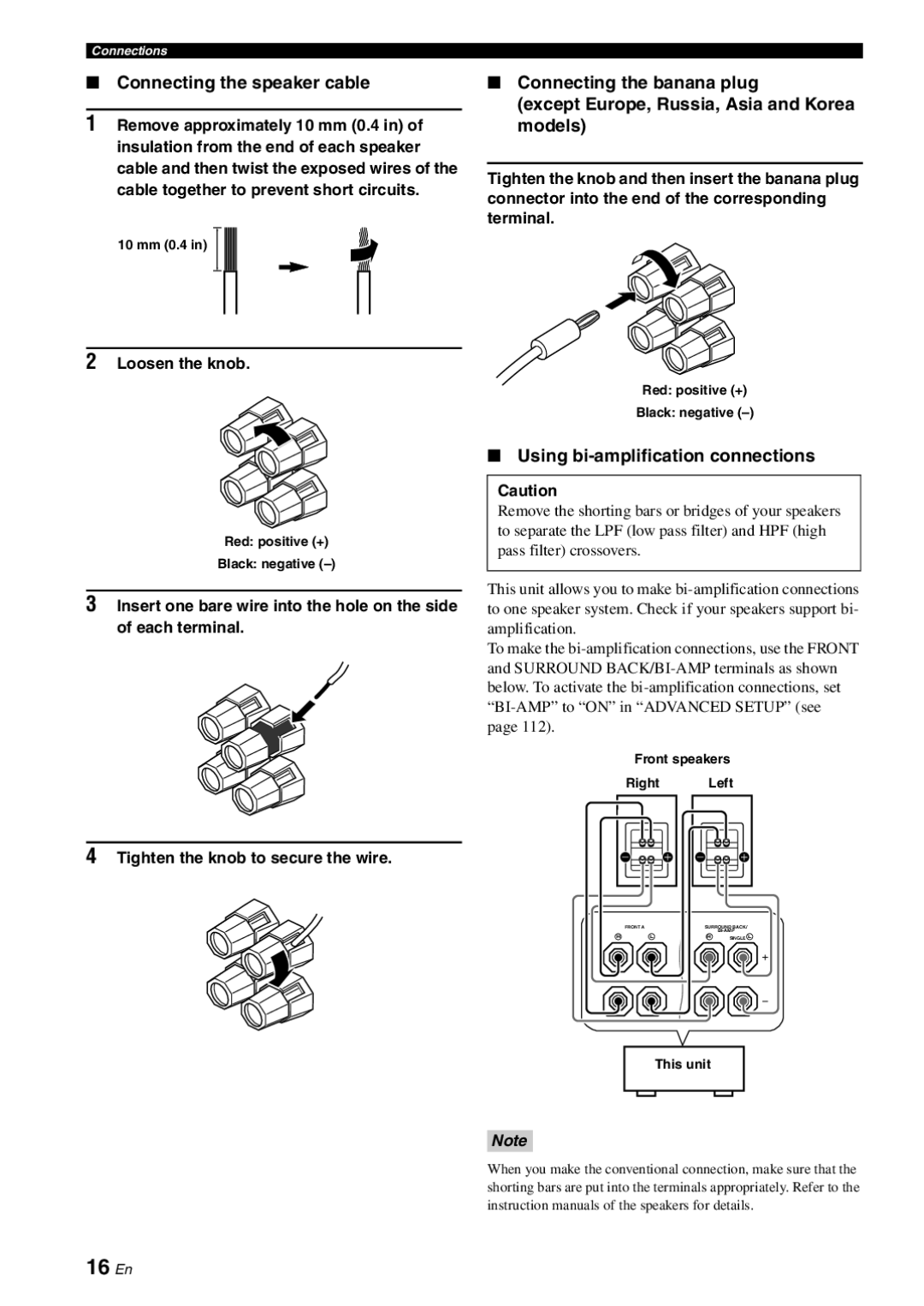 Yamaha RX-V863 owner manual 16 En, Connecting the speaker cable, Using bi-amplification connections 