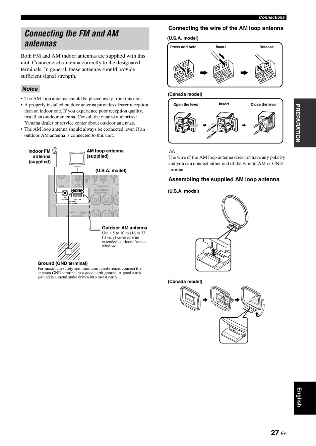 Yamaha RX-V863 owner manual Connecting the FM and AM antennas, 27 En, Connecting the wire of the AM loop antenna 