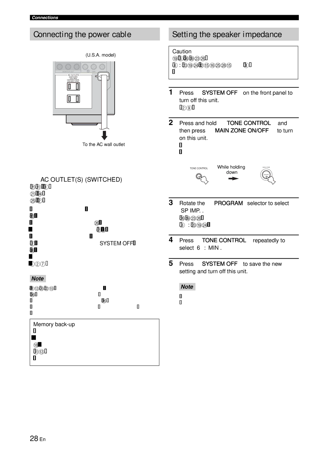 Yamaha RX-V863 owner manual 28 En, Memory back-up, Press Lsystem OFF on the front panel to turn off this unit 