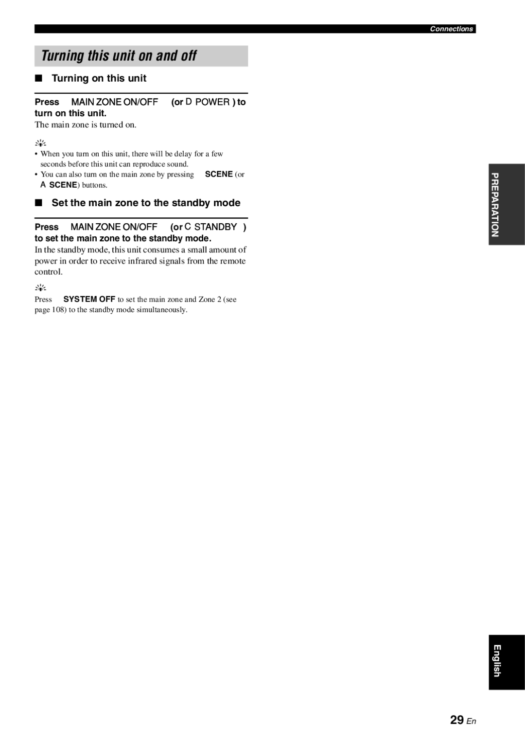 Yamaha RX-V863 Turning this unit on and off, 29 En, Turning on this unit, Set the main zone to the standby mode 