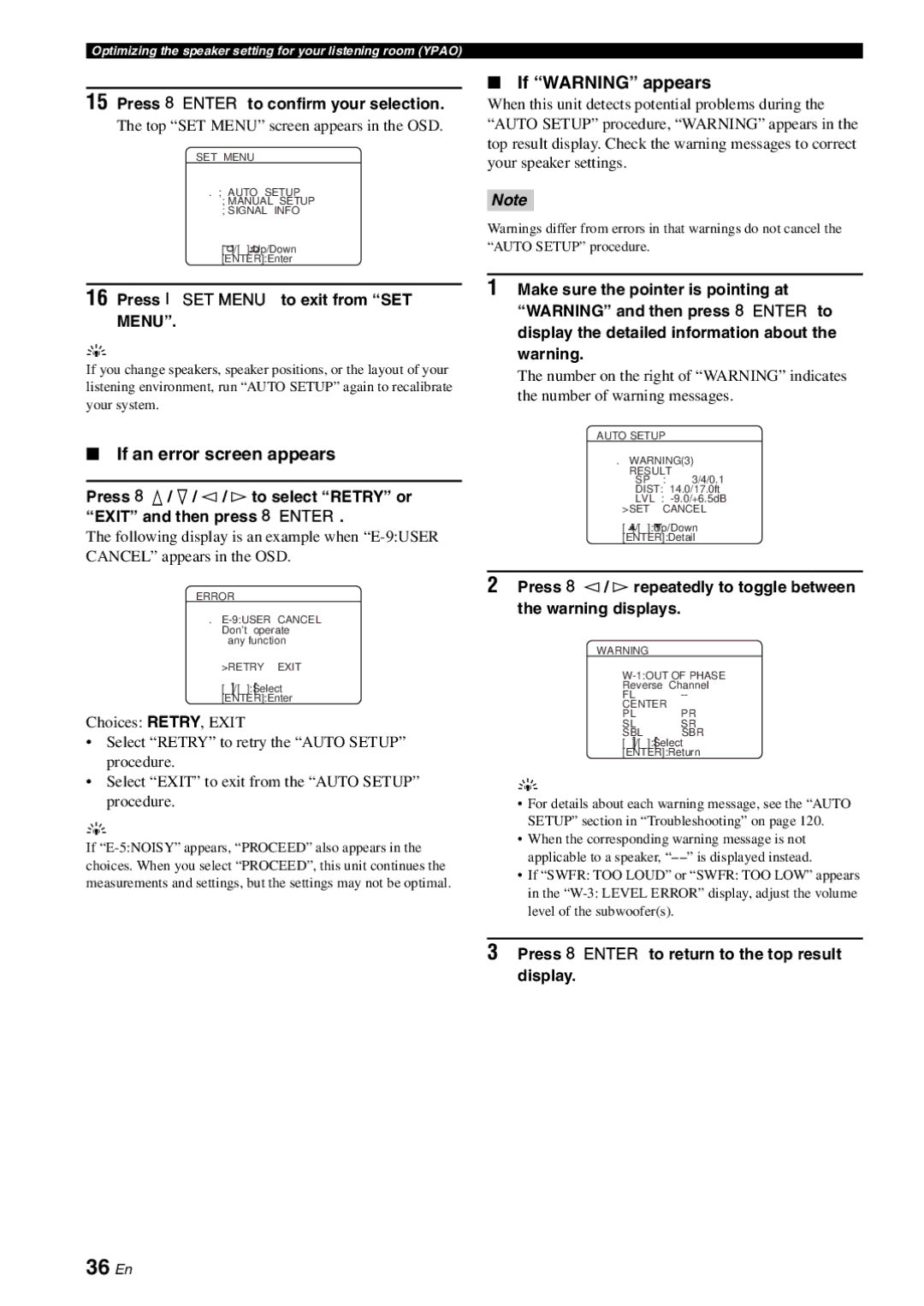 Yamaha RX-V863 owner manual 36 En, If an error screen appears, If Warning appears, Top SET Menu screen appears in the OSD 