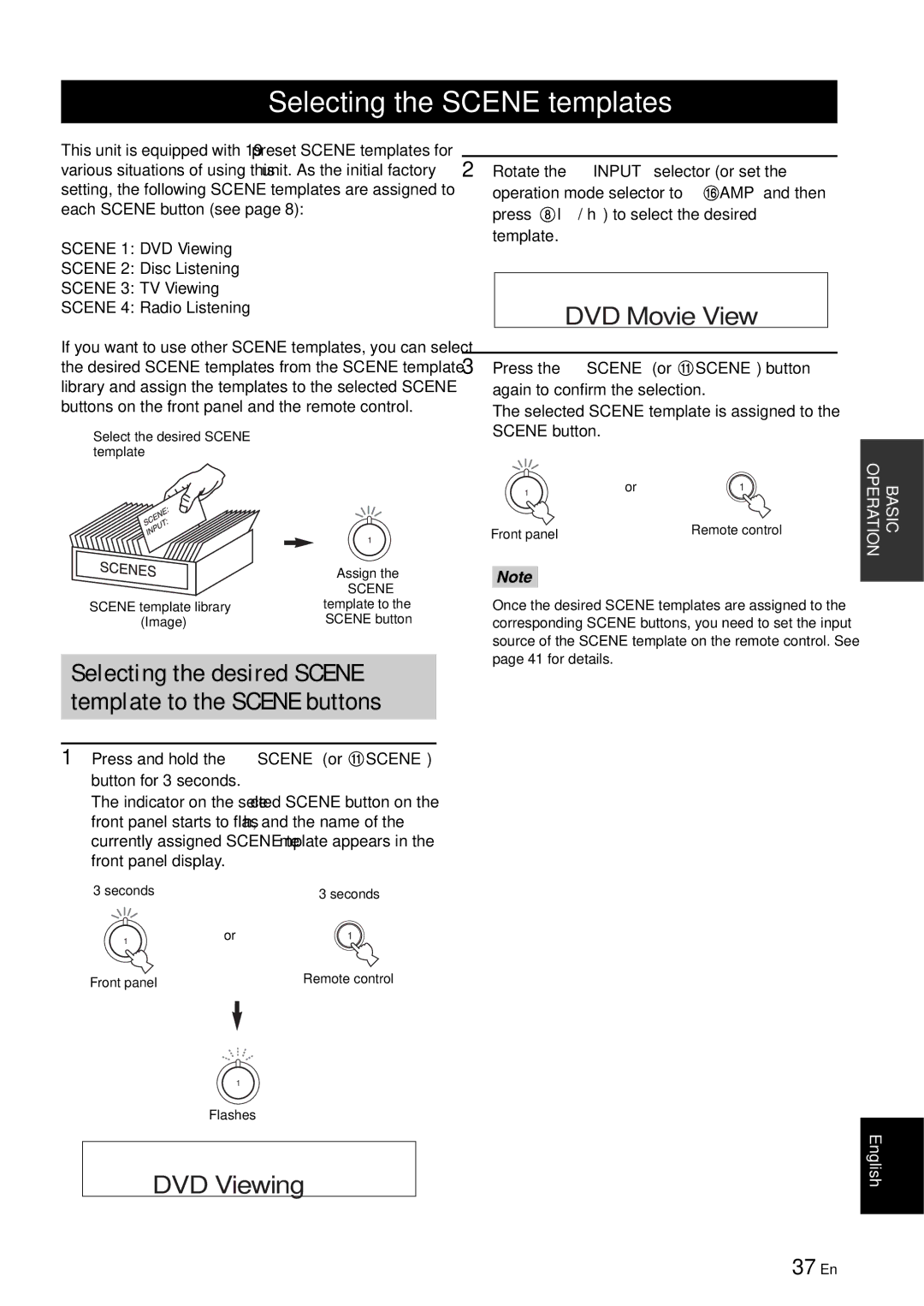 Yamaha RX-V863 owner manual Selecting the Scene templates, 37 En, Press and hold the Sscene or Ascene button for 3 seconds 