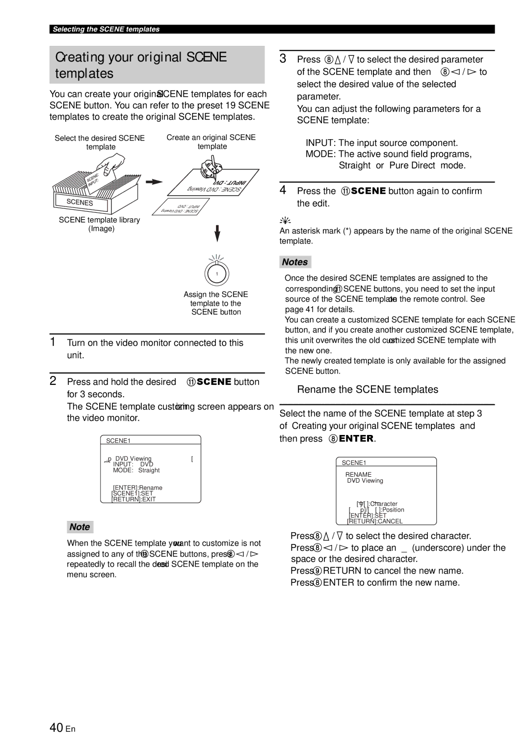 Yamaha RX-V863 owner manual Creating your original Scene templates, 40 En, Rename the Scene templates, Template 