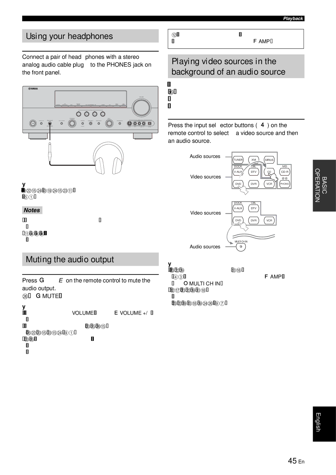 Yamaha RX-V863 Using your headphones, Muting the audio output, 45 En, Press Gmute again to resume the audio output 