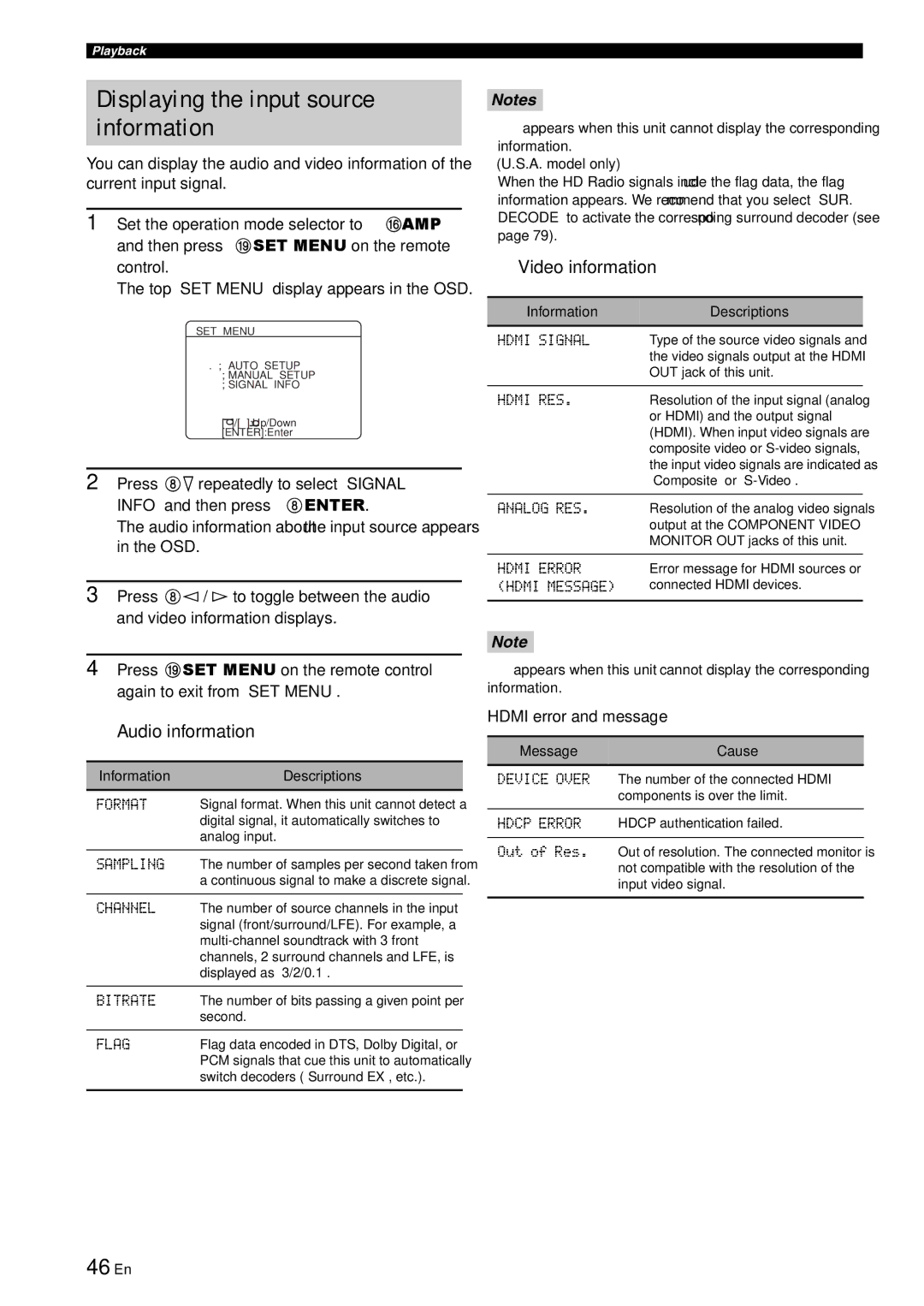 Yamaha RX-V863 owner manual Displaying the input source information, 46 En, Audio information, Video information 