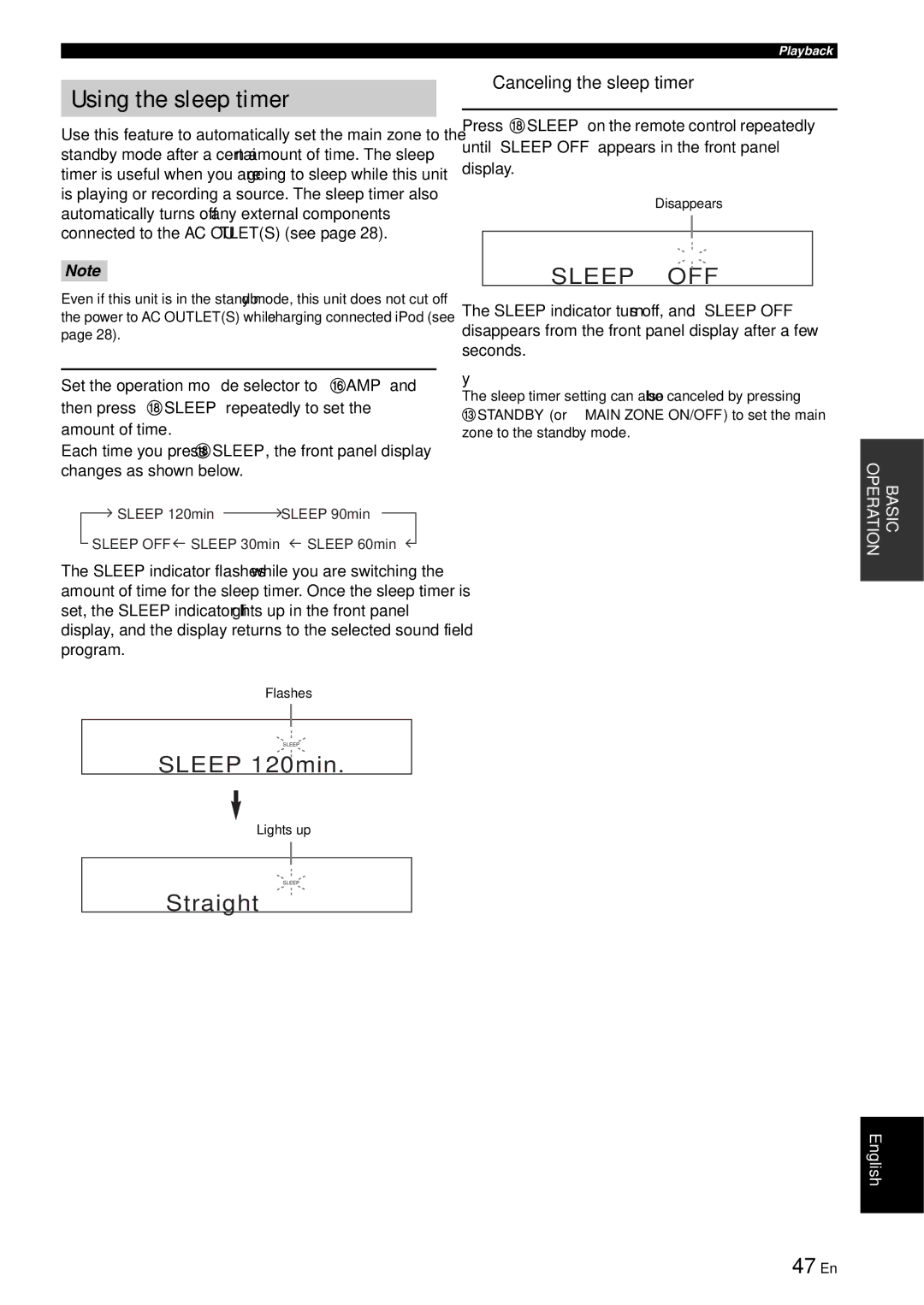 Yamaha RX-V863 Using the sleep timer, 47 En, Canceling the sleep timer, Cstandby or Kmain Zone ON/OFF to set the main 