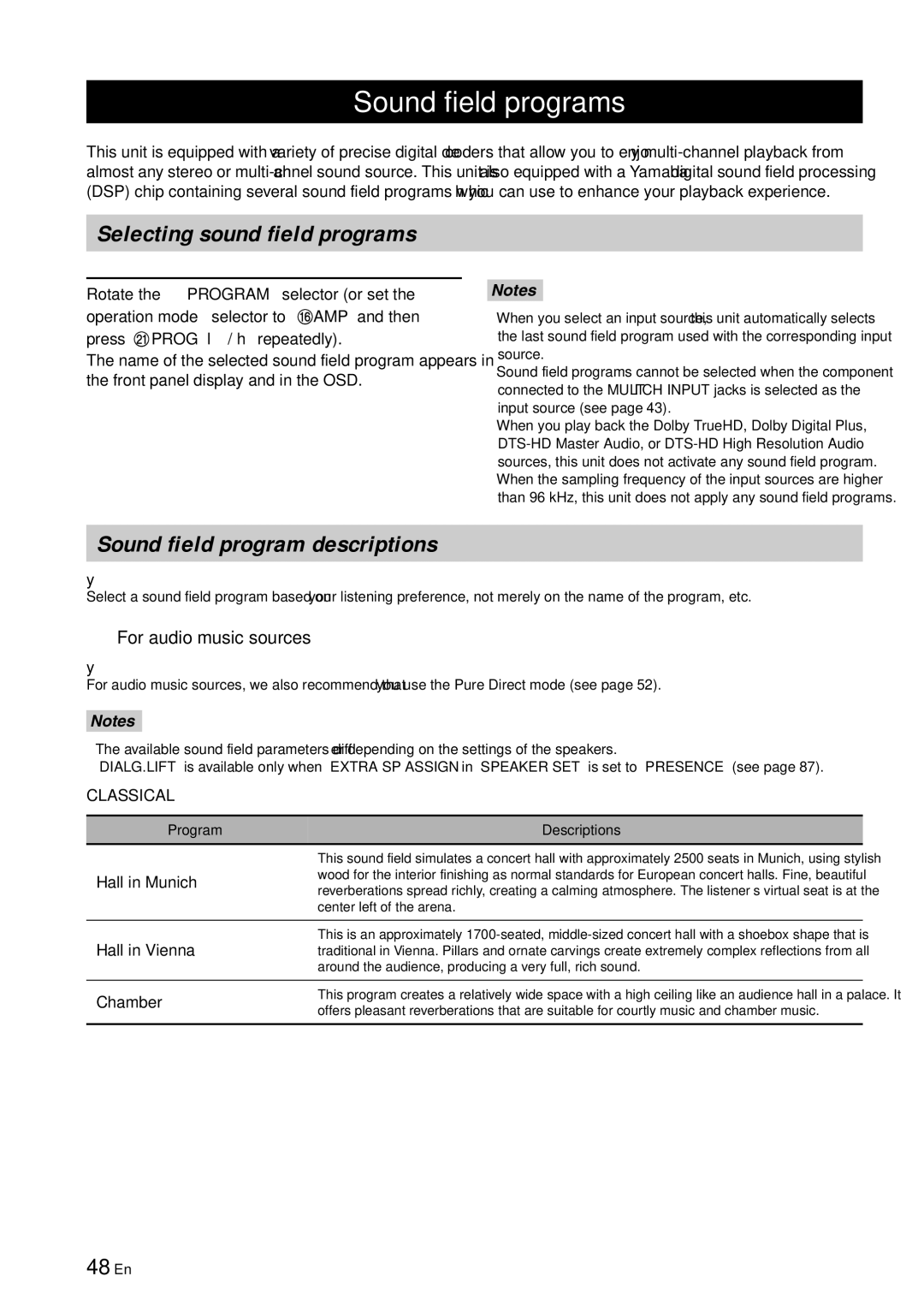 Yamaha RX-V863 Sound field programs, Sound field program descriptions, 48 En, For audio music sources, Classical 