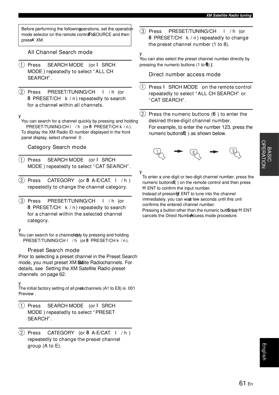 Yamaha RX-V863 61 En, All Channel Search mode, Direct number access mode, Category Search mode, Preset Search mode 