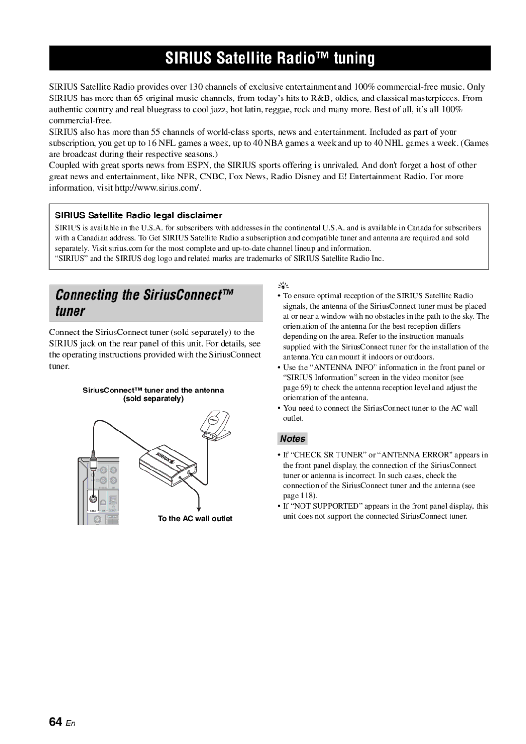 Yamaha RX-V863 owner manual Sirius Satellite Radio tuning, Connecting the SiriusConnect tuner, 64 En 