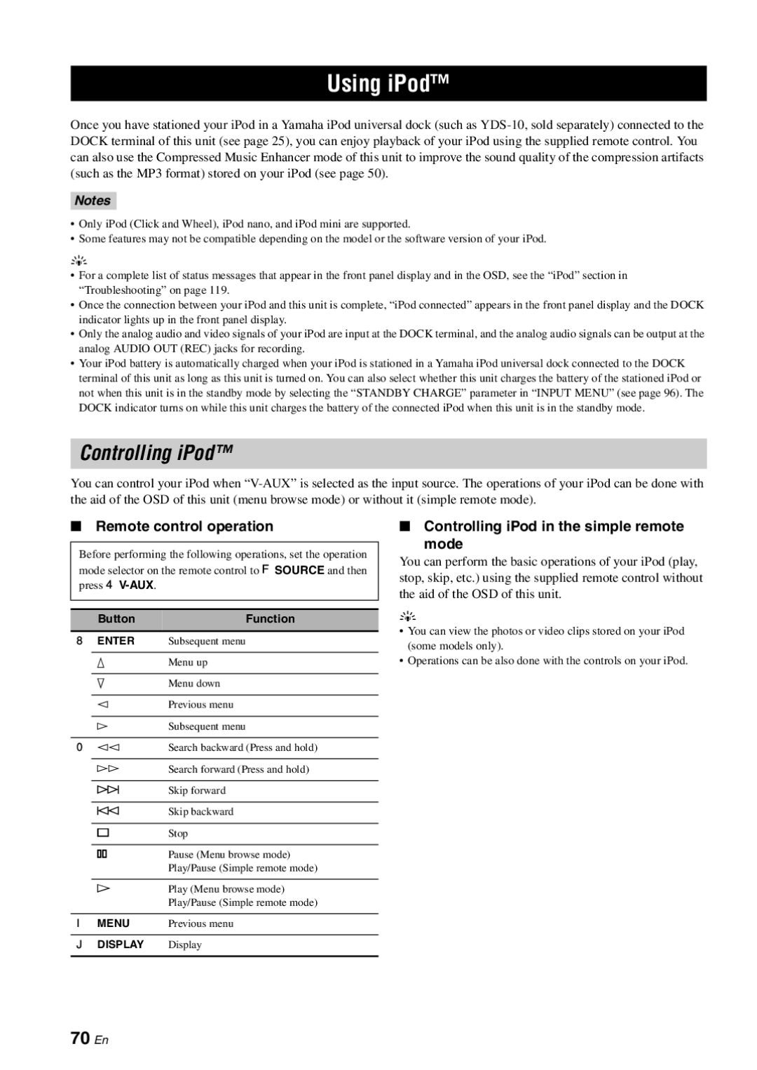 Yamaha RX-V863 owner manual Using iPod, 70 En, Remote control operation, Controlling iPod in the simple remote Mode 