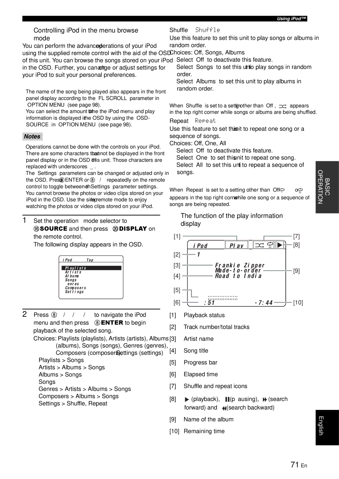 Yamaha RX-V863 71 En, Controlling iPod in the menu browse Mode, Function of the play information display, Shuffle Shuffle 