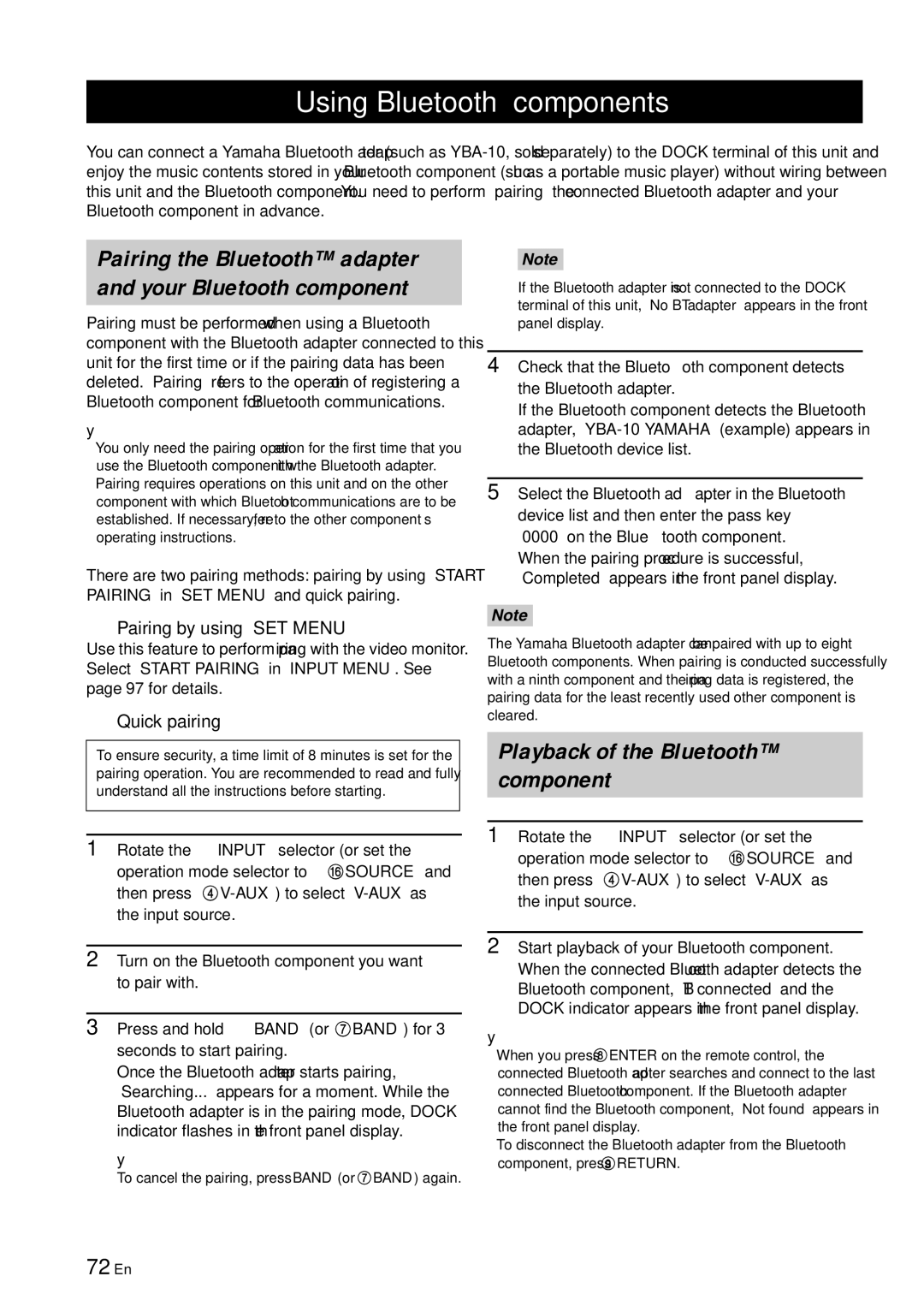 Yamaha RX-V863 owner manual Using Bluetooth components, 72 En, Pairing by using SET Menu, Quick pairing 