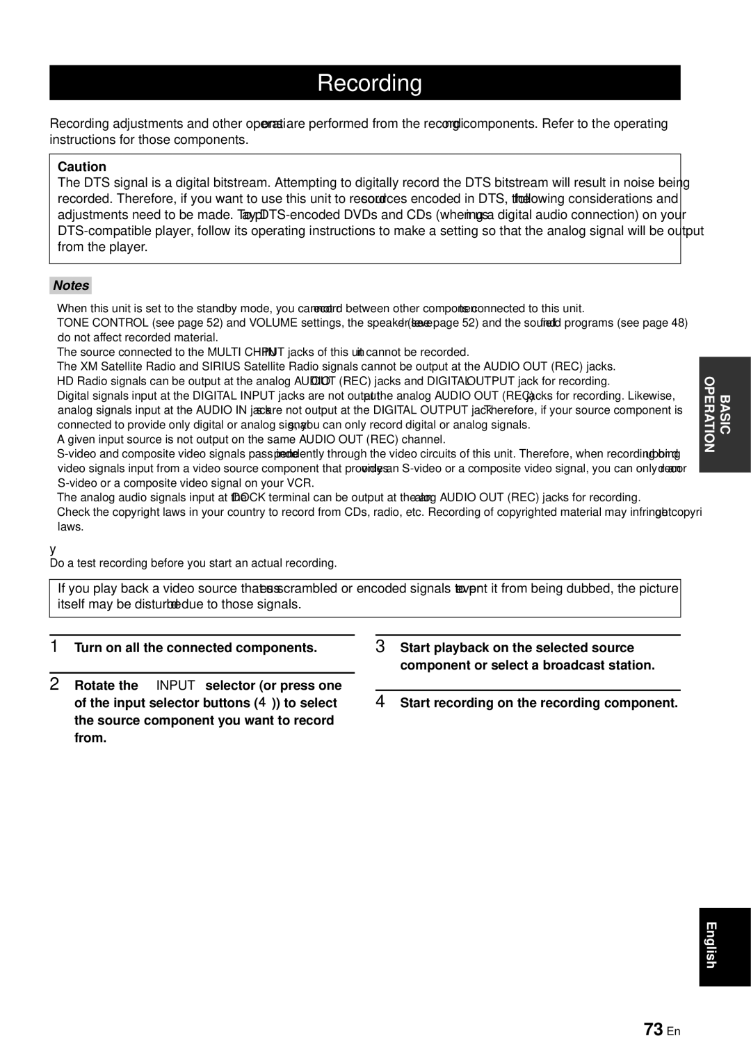 Yamaha RX-V863 owner manual Recording, 73 En 