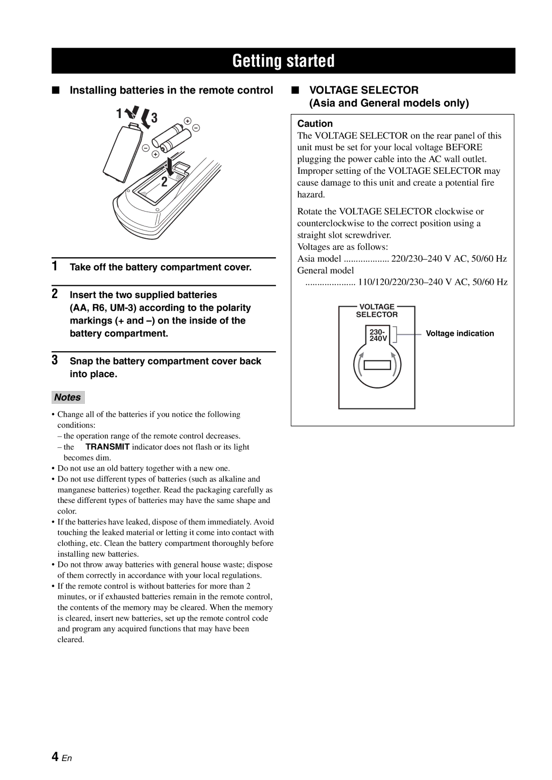 Yamaha RX-V863 owner manual Getting started, Installing batteries in the remote control, Asia and General models only 