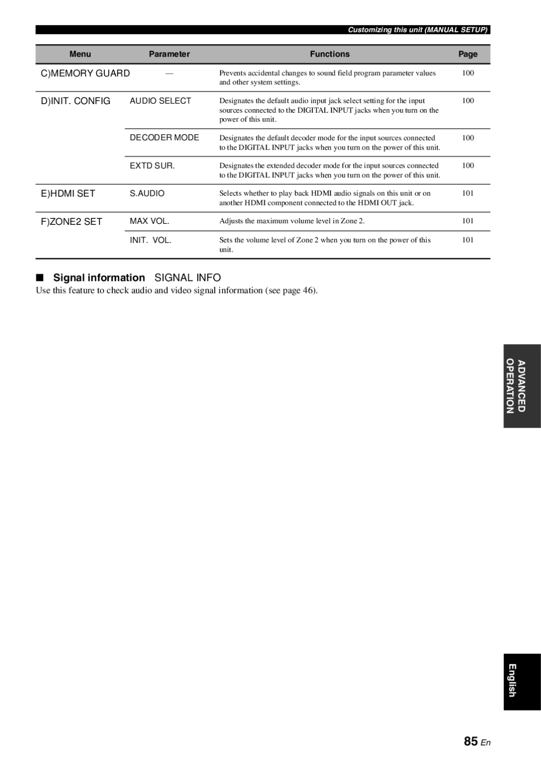 Yamaha RX-V863 owner manual 85 En, Signal information Signal Info, DINIT. Config, Ehdmi SET, FZONE2 SET 