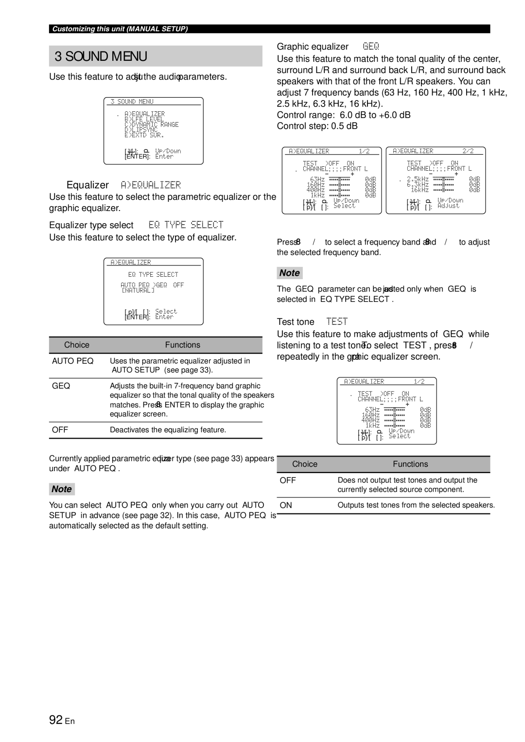 Yamaha RX-V863 92 En, Equalizer Aequalizer, Equalizer type select EQ Type Select, Graphic equalizer GEQ, Test tone Test 