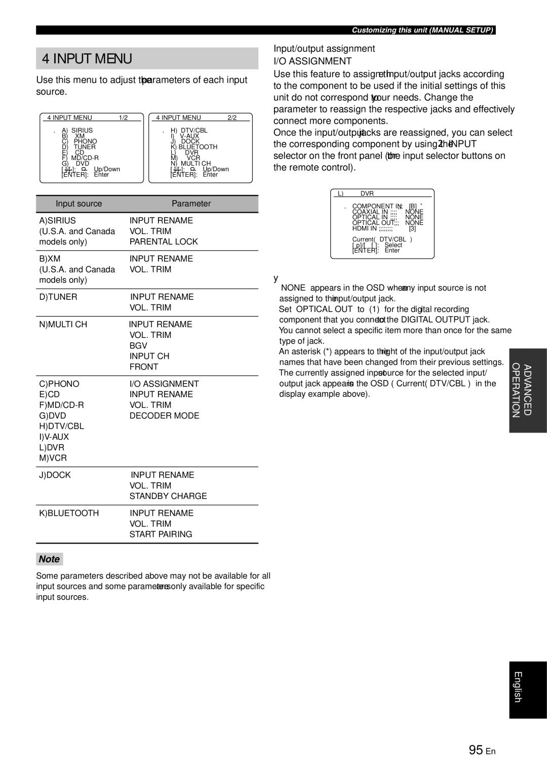 Yamaha RX-V863 95 En, Use this menu to adjust the parameters of each input source, Input/output assignment, Assignment 