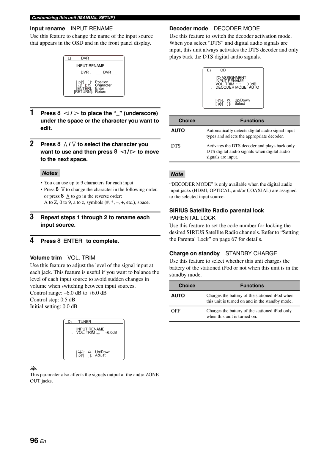 Yamaha RX-V863 96 En, Input rename Input Rename, Decoder mode Decoder Mode, Sirius Satellite Radio parental lock 