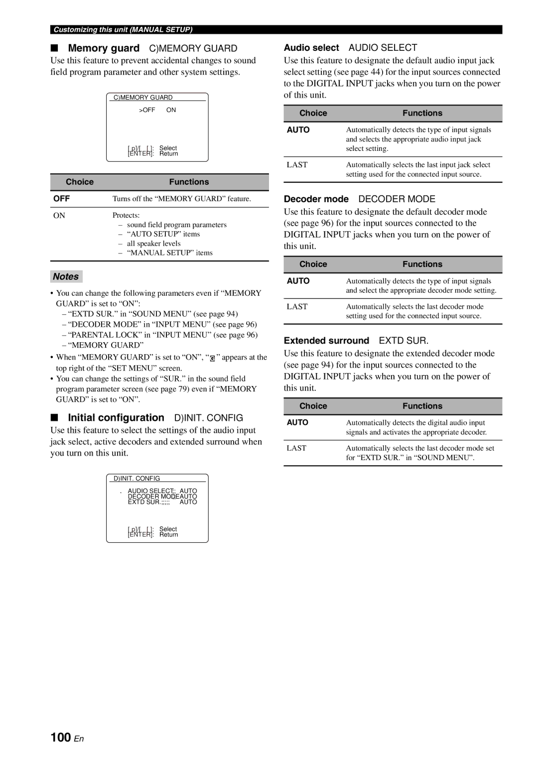 Yamaha RX-V863 100 En, Initial configuration DINIT. Config, Memory guard Cmemory Guard, Audio select Audio Select 