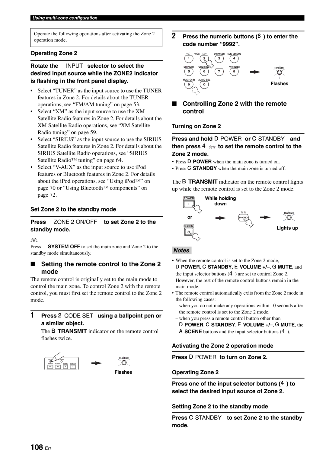 Yamaha RX-V863 owner manual 108 En, Controlling Zone 2 with the remote control, Setting the remote control to the Zone Mode 