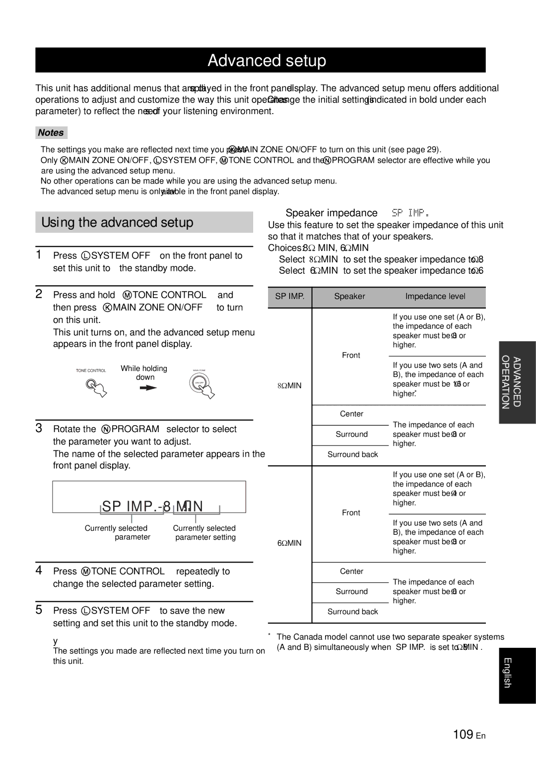 Yamaha RX-V863 owner manual Advanced setup, Using the advanced setup, 109 En, Speaker impedance SP IMP, Sp Imp 