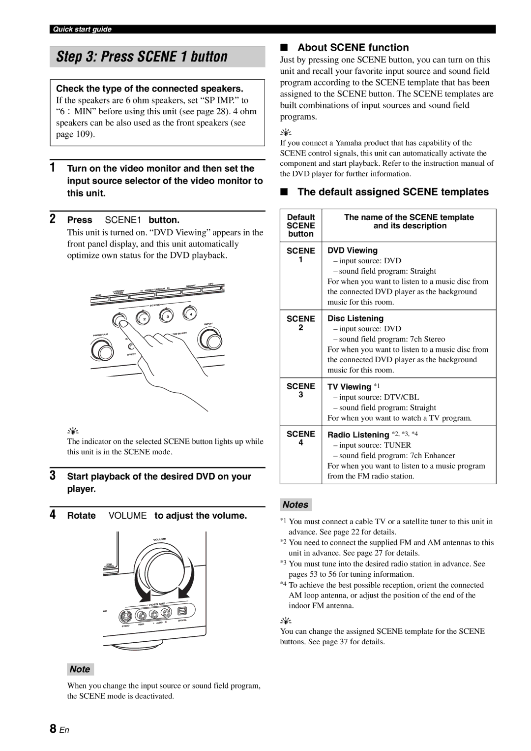 Yamaha RX-V863 About Scene function, Default assigned Scene templates, Check the type of the connected speakers 