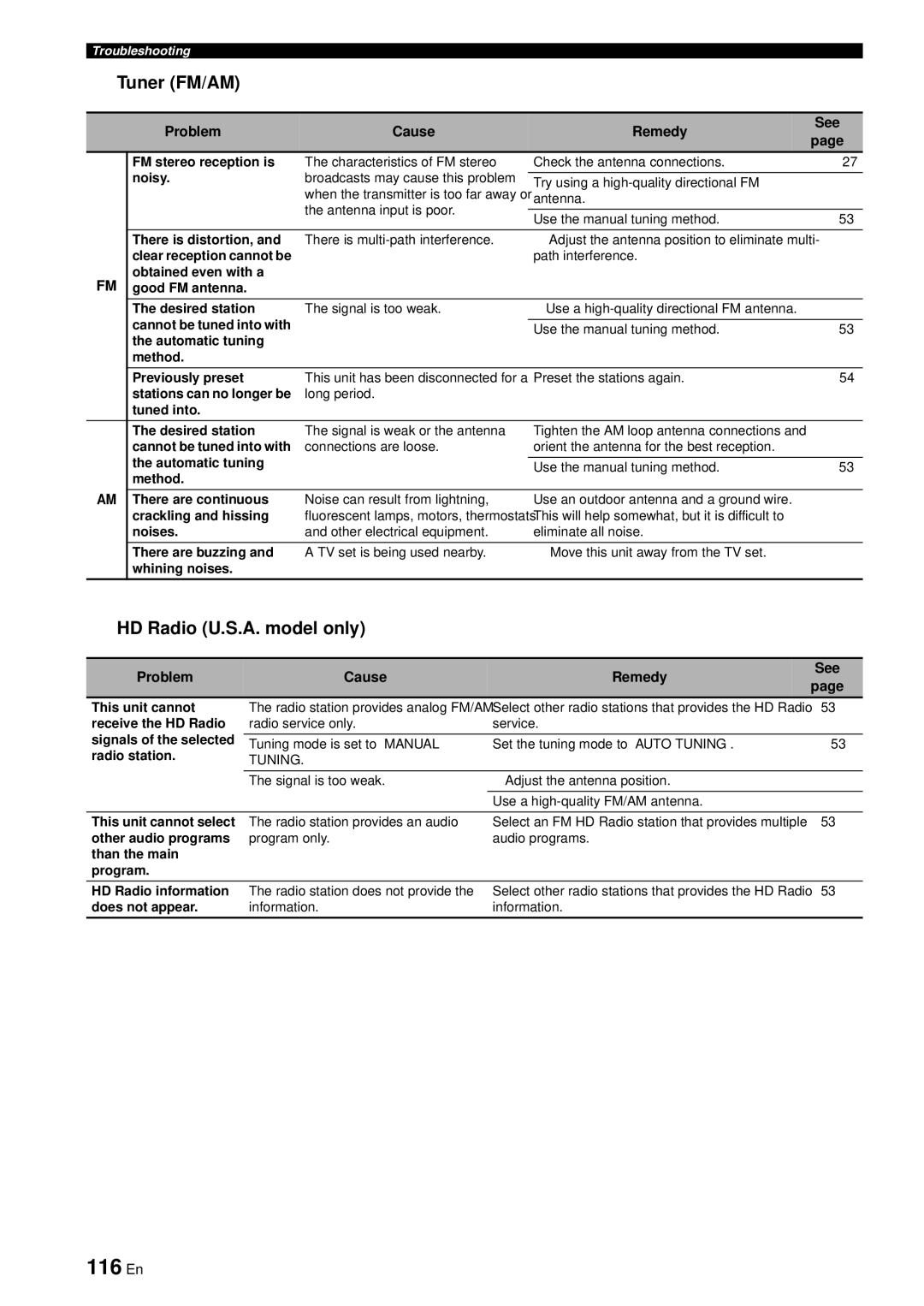 Yamaha RX-V863 owner manual 116 En, Tuner FM/AM, HD Radio U.S.A. model only 