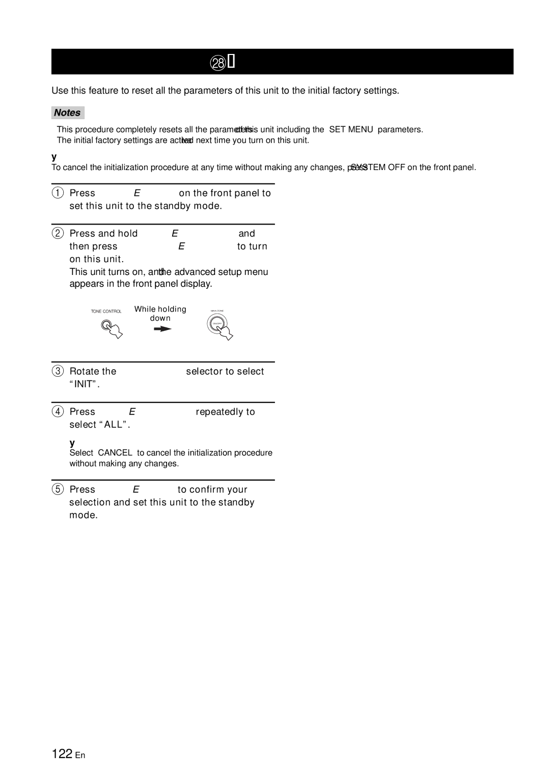 Yamaha RX-V863 owner manual Resetting the system, 122 En, Tone Control While holding down 