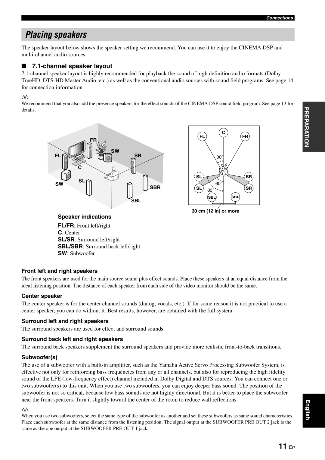 Yamaha RX-V863 owner manual Placing speakers, 11 En, Channel speaker layout 