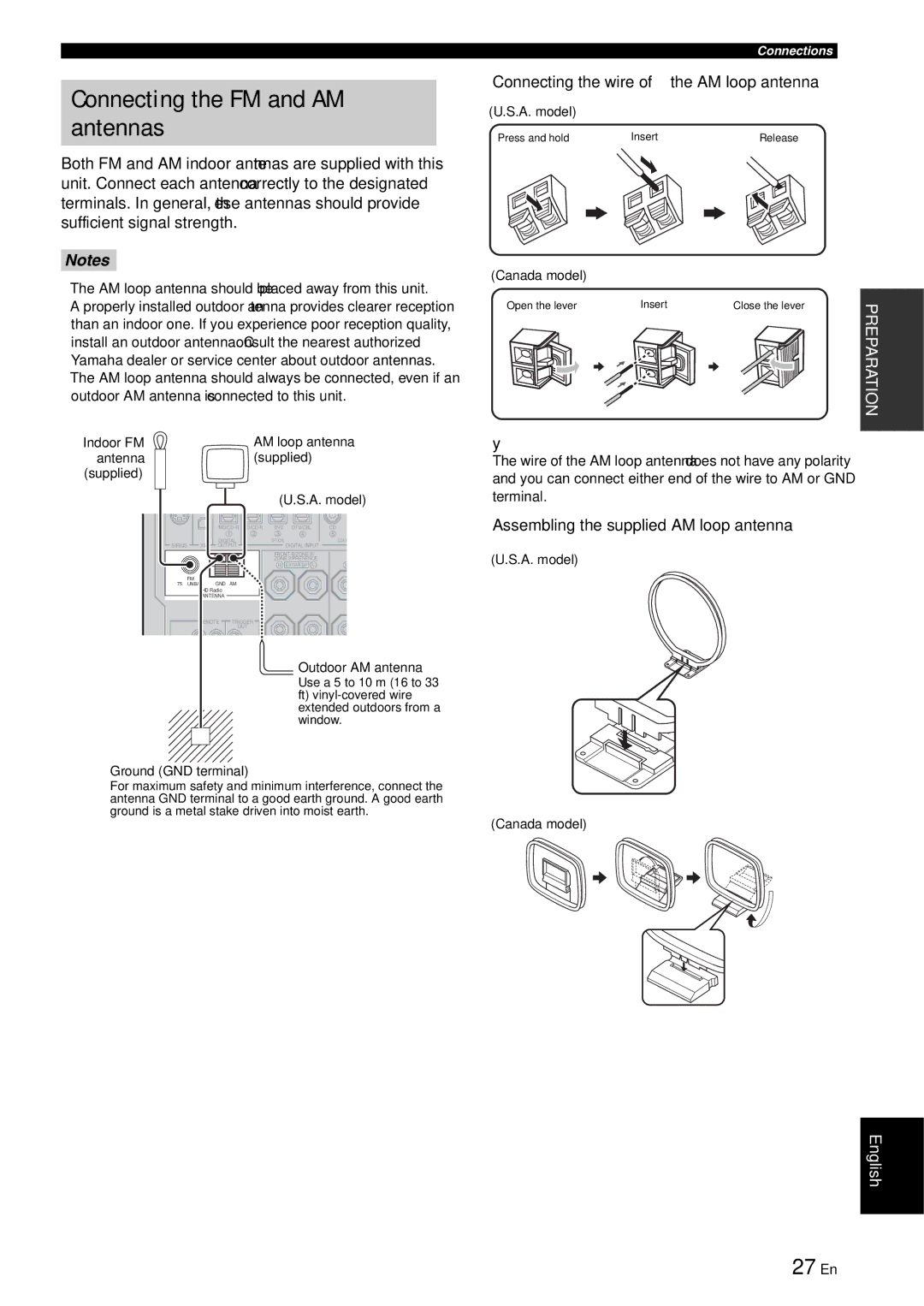 Yamaha RX-V863 owner manual Connecting the FM and AM antennas, 27 En, Connecting the wire of the AM loop antenna 