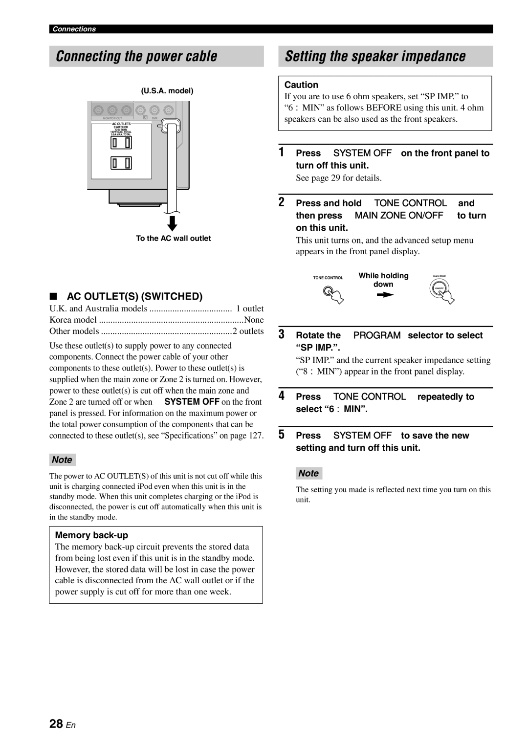 Yamaha RX-V863 owner manual 28 En, Memory back-up, Press Lsystem OFF on the front panel to turn off this unit 