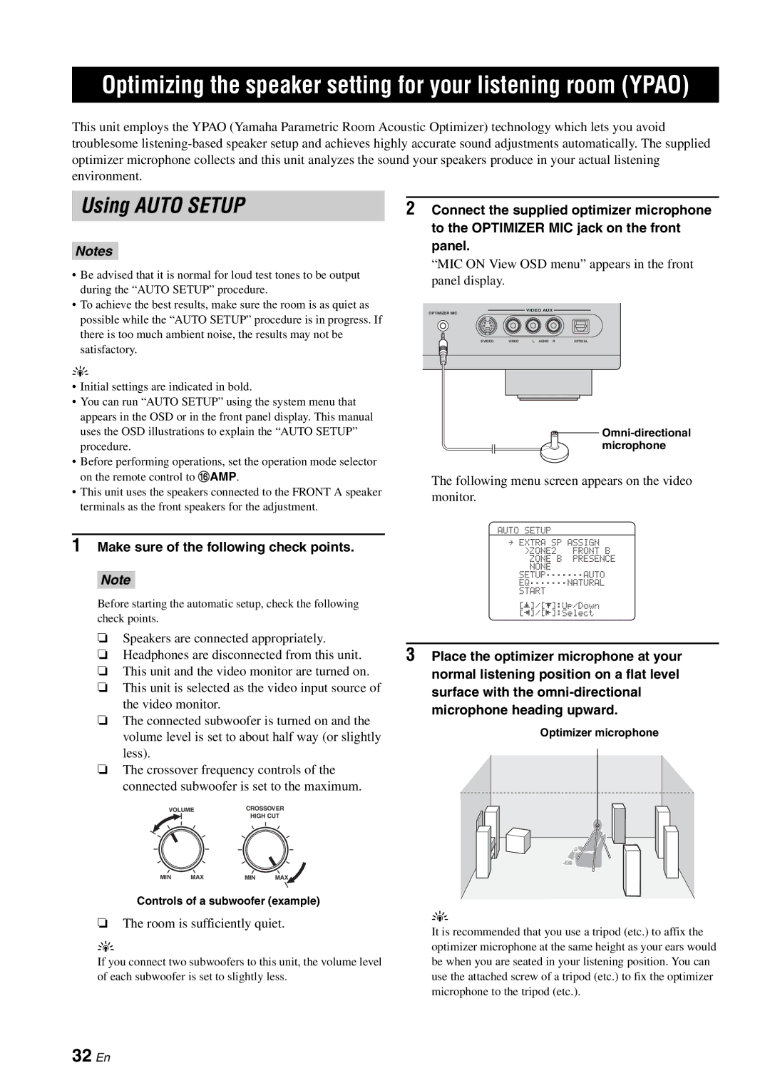 Yamaha RX-V863 owner manual Using Auto Setup, 32 En, Make sure of the following check points 