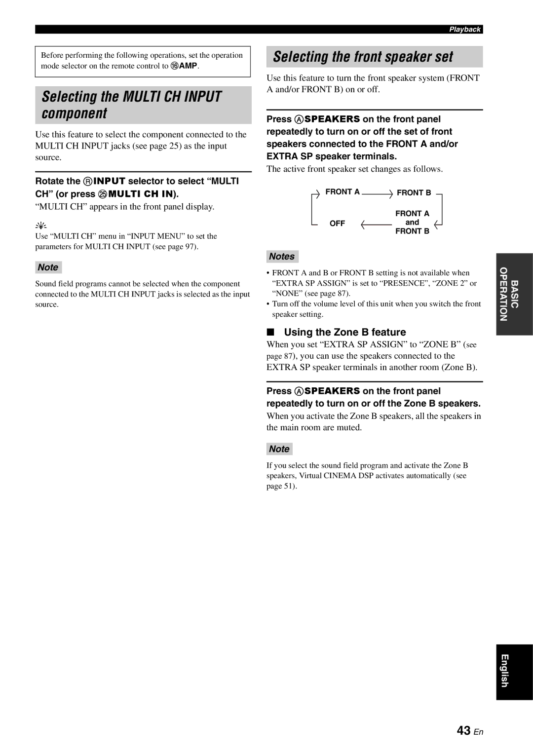 Yamaha RX-V863 Selecting the Multi CH Input component, Selecting the front speaker set, 43 En, Using the Zone B feature 