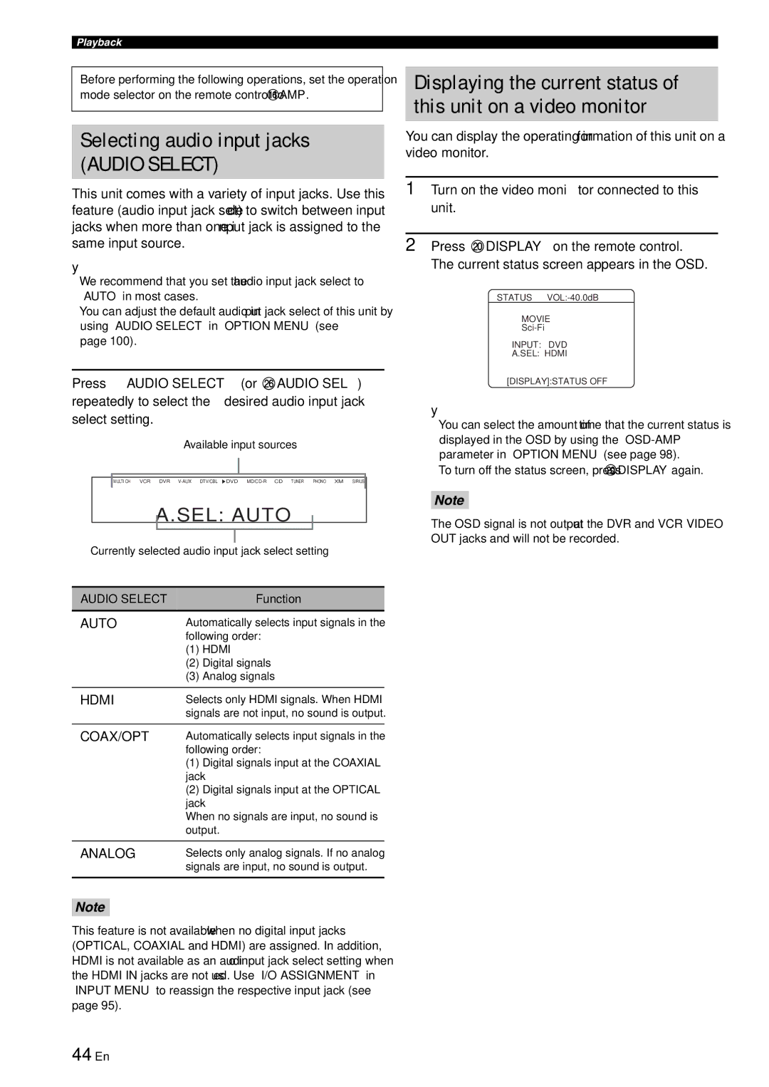 Yamaha RX-V863 owner manual Selecting audio input jacks, 44 En 