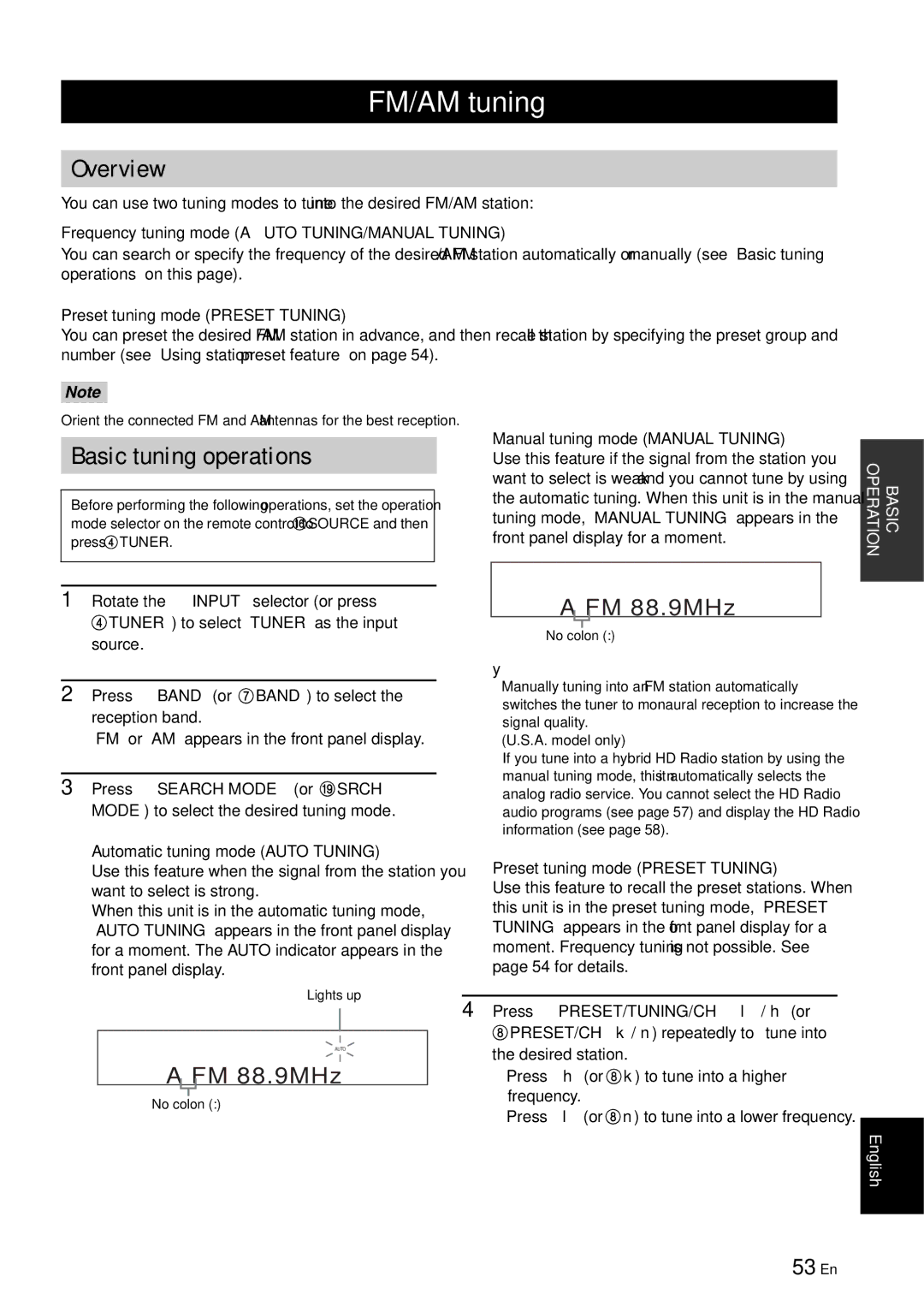 Yamaha RX-V863 owner manual FM/AM tuning, Overview, Basic tuning operations, 53 En 