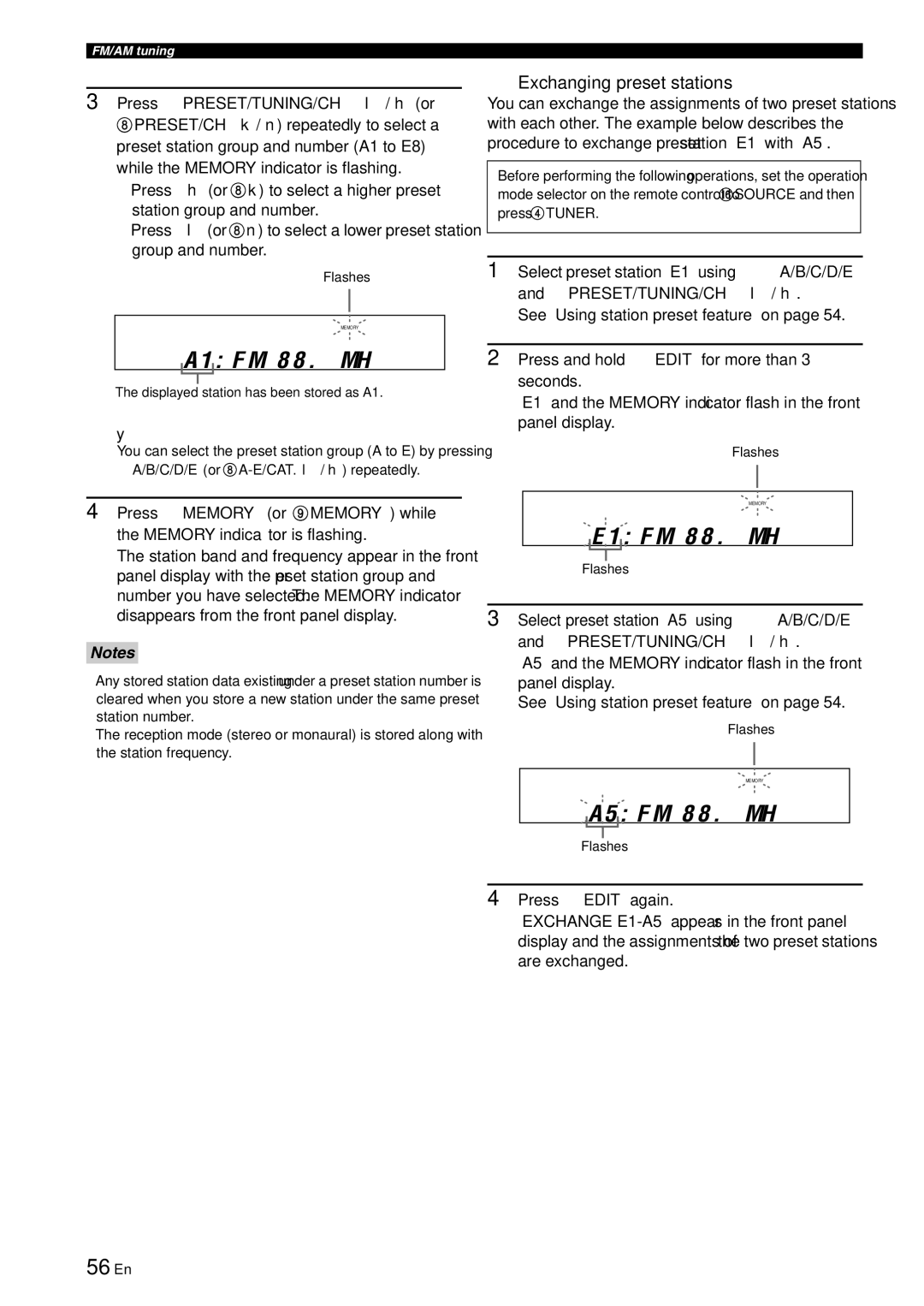 Yamaha RX-V863 owner manual 56 En, Exchanging preset stations, See Using station preset feature on, Press Bedit again 