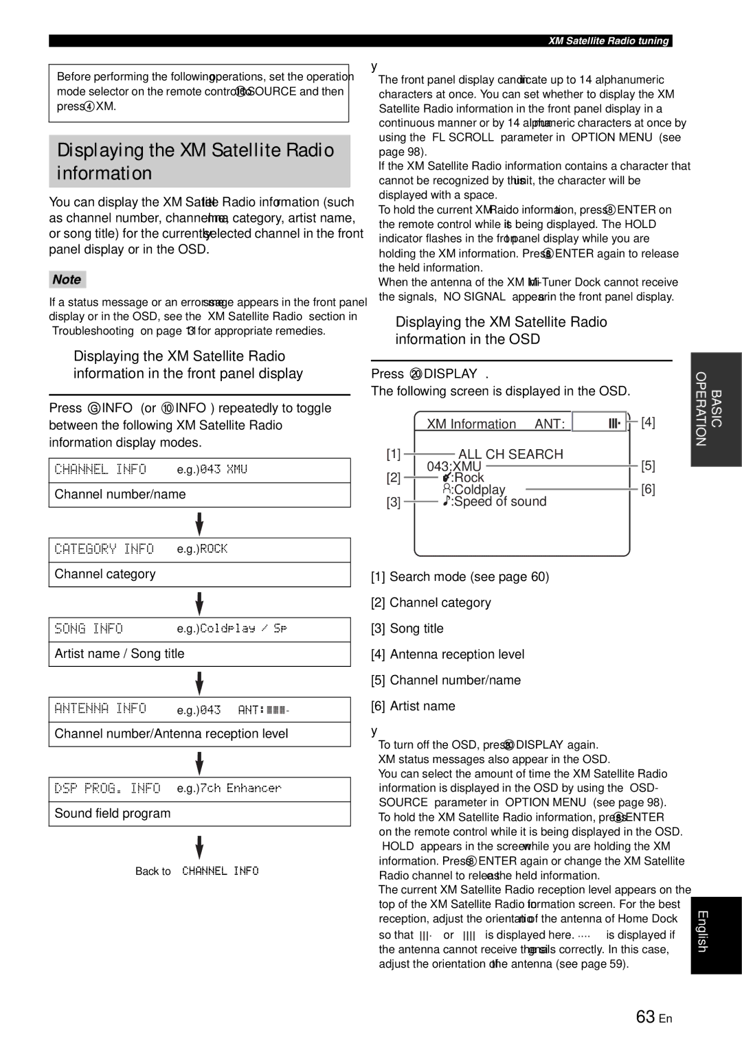 Yamaha RX-V863 owner manual Displaying the XM Satellite Radio information, 63 En, Press Jdisplay, All 