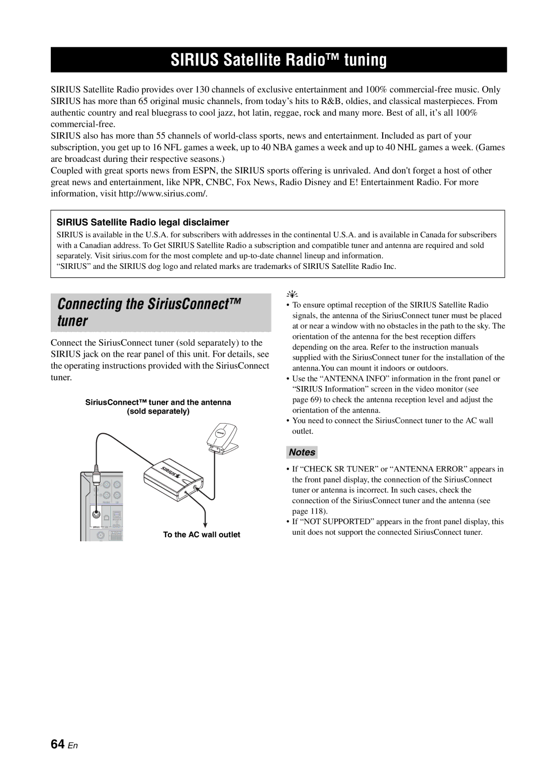 Yamaha RX-V863 owner manual Sirius Satellite Radio tuning, Connecting the SiriusConnect tuner, 64 En 